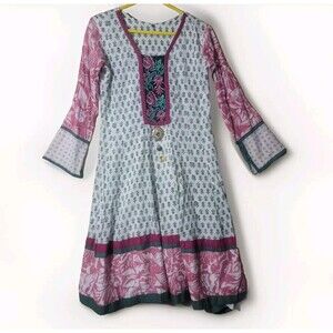 Embellished Kurti Kurta Midi Dress Women's Large Lined White And Pink Floral